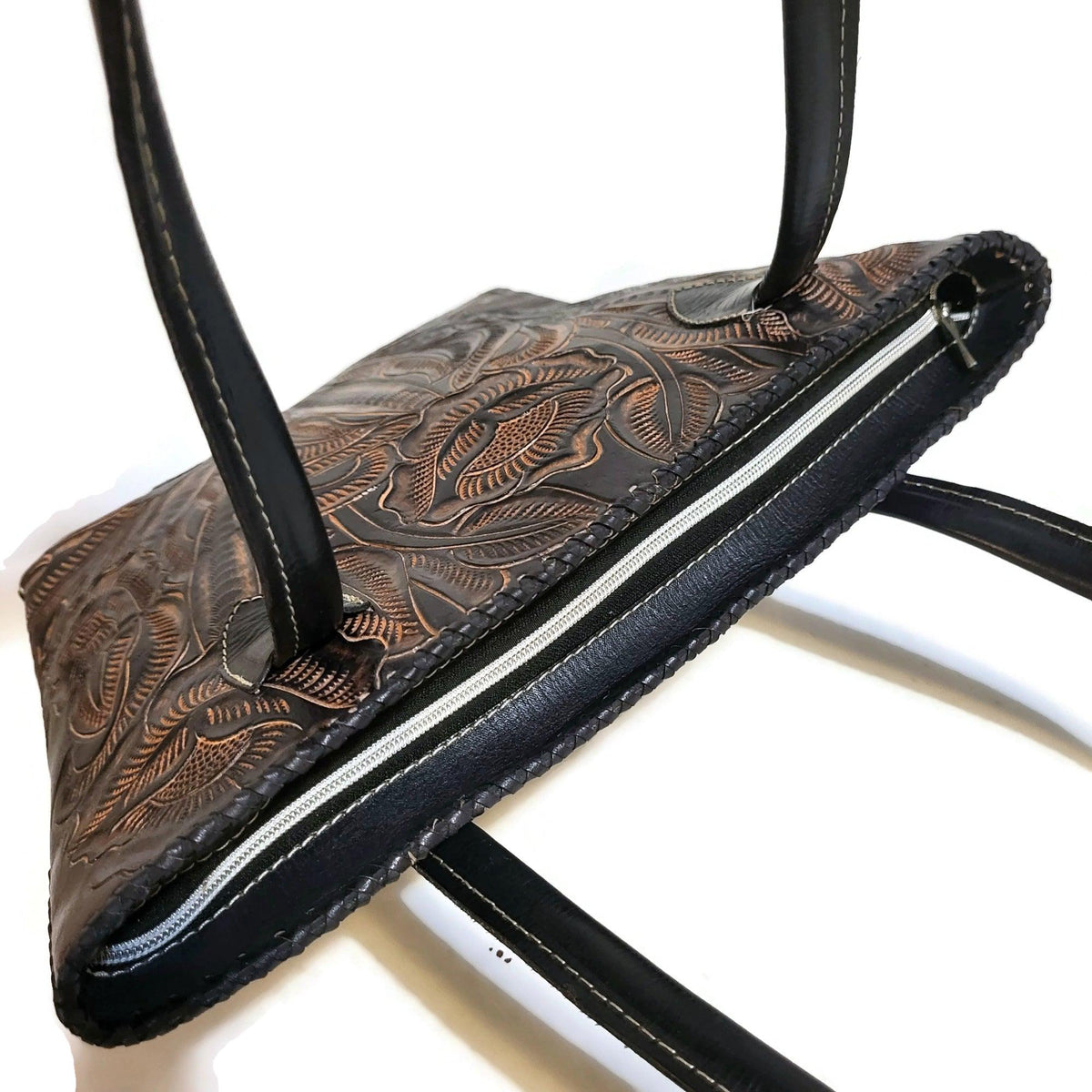 Black Tote for Women, Western Rodeo Cowgirl Bohemian Shoulder Bag, hand tooled leather