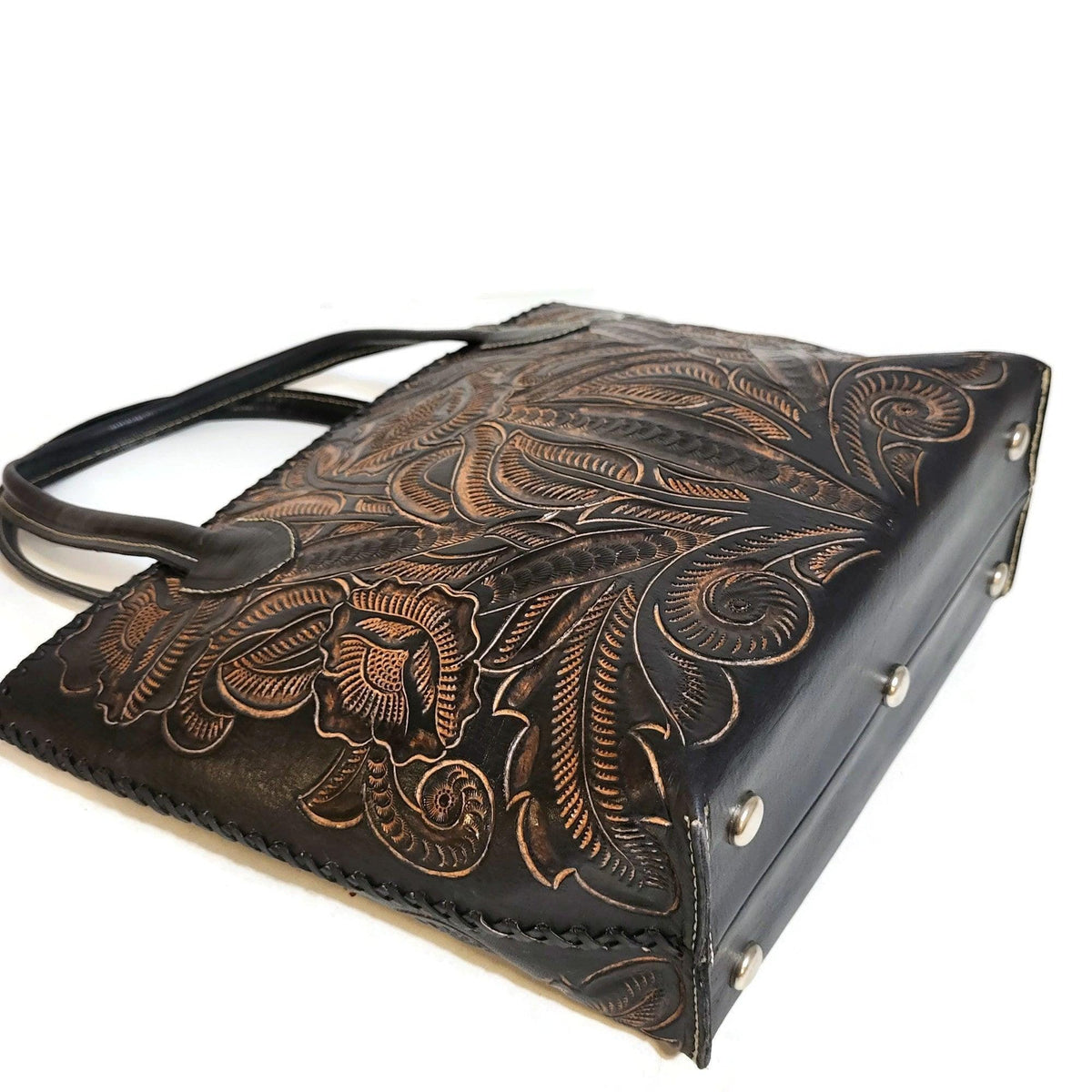 Black Tote for Women, Western Rodeo Cowgirl Bohemian Shoulder Bag, hand tooled leather