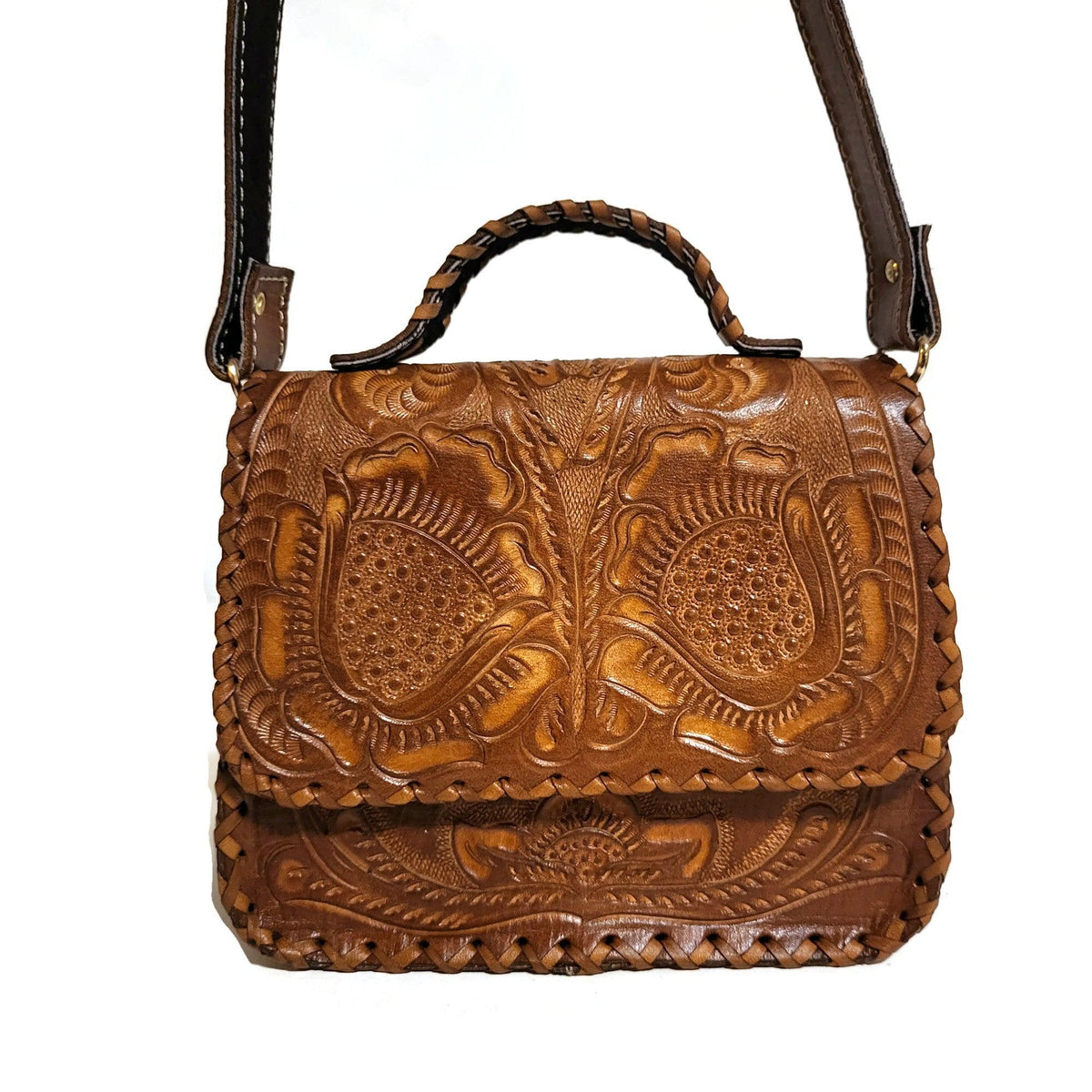 Hand Tooled Brown Leather Shoulder Bag: Western Cowgirl Style, Small Purse