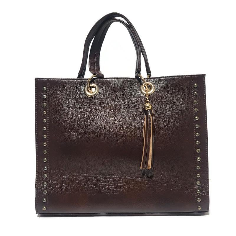 Brown Leather Tote Bag for Women, Boho Shoulder Bag with Removable Liner Bag