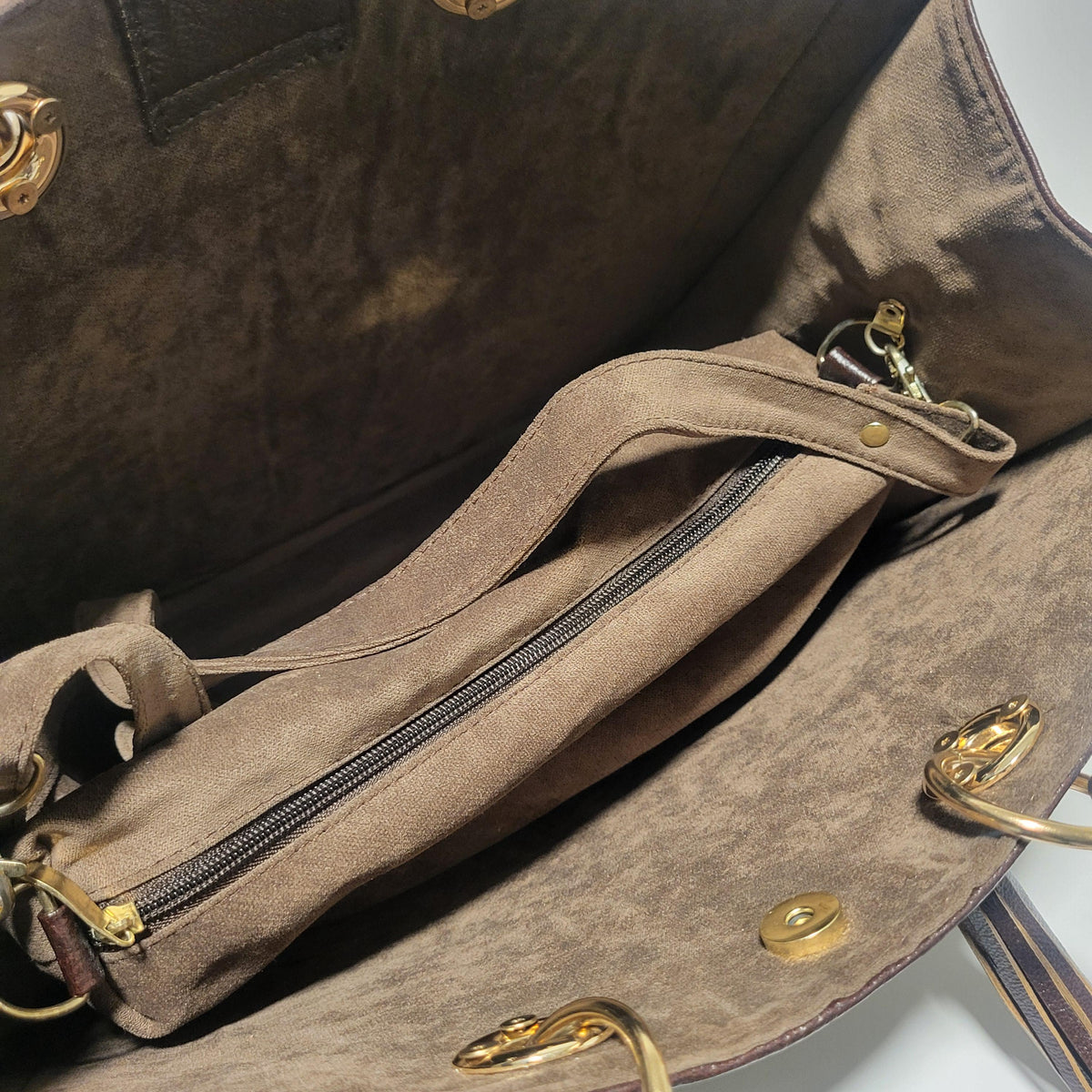Brown Leather Tote Bag for Women, Boho Shoulder Bag with Removable Liner Bag