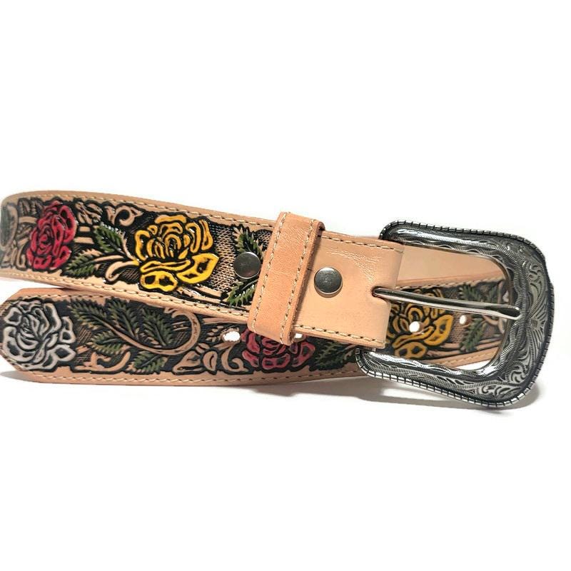 Personalized Embossed Brown Leather Belt for Women Floral Boho Rodeo Style