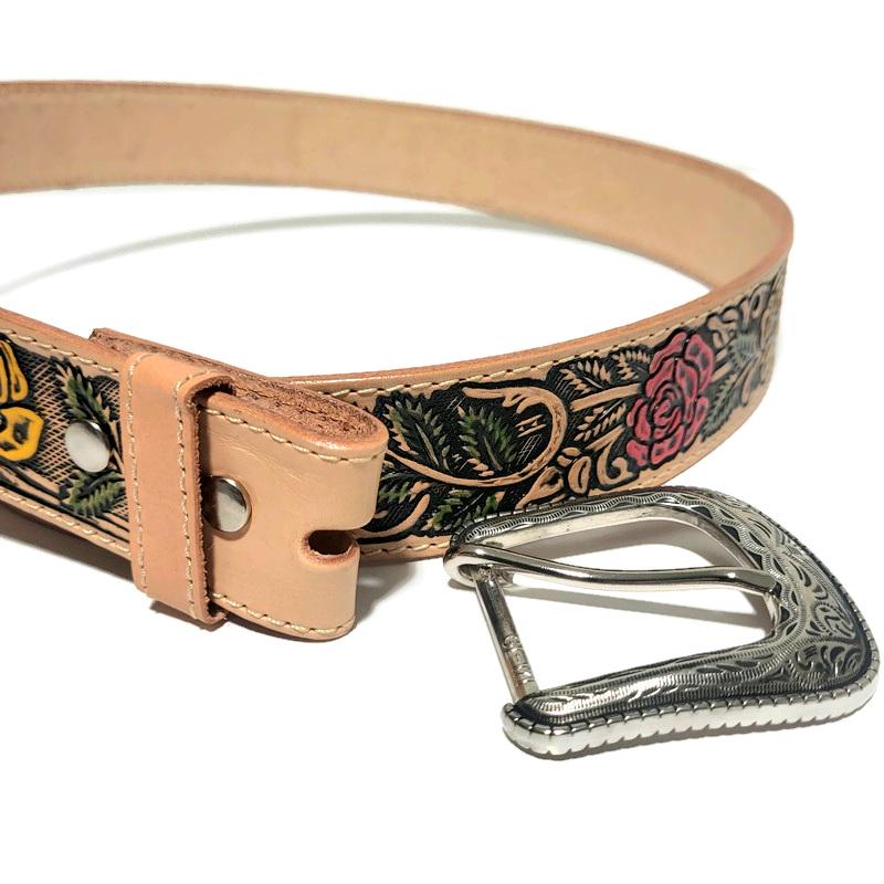 Personalized Embossed Brown Leather Belt for Women Floral Boho Rodeo Style