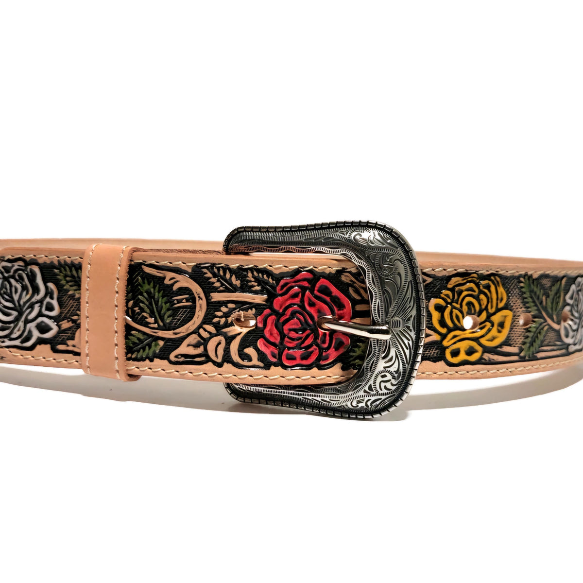 Personalized Embossed Brown Leather Belt for Women Floral Boho Rodeo Style