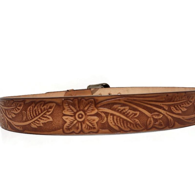 Brown Leather Belt for Women Western Boho Floral Embossed, Personalized