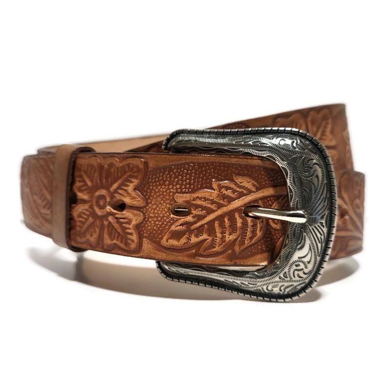 Brown Leather Belt for Women Western Boho Floral Embossed, Personalized