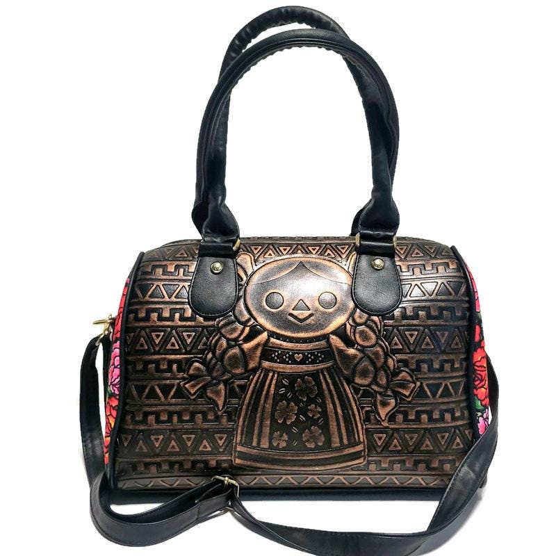 Embossed Floral Shoulder Bag: Black PU Leather Bohemian Handbag