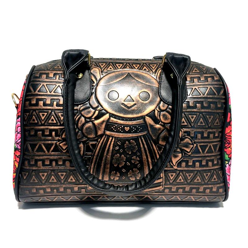 Embossed Floral Shoulder Bag: Black PU Leather Bohemian Handbag