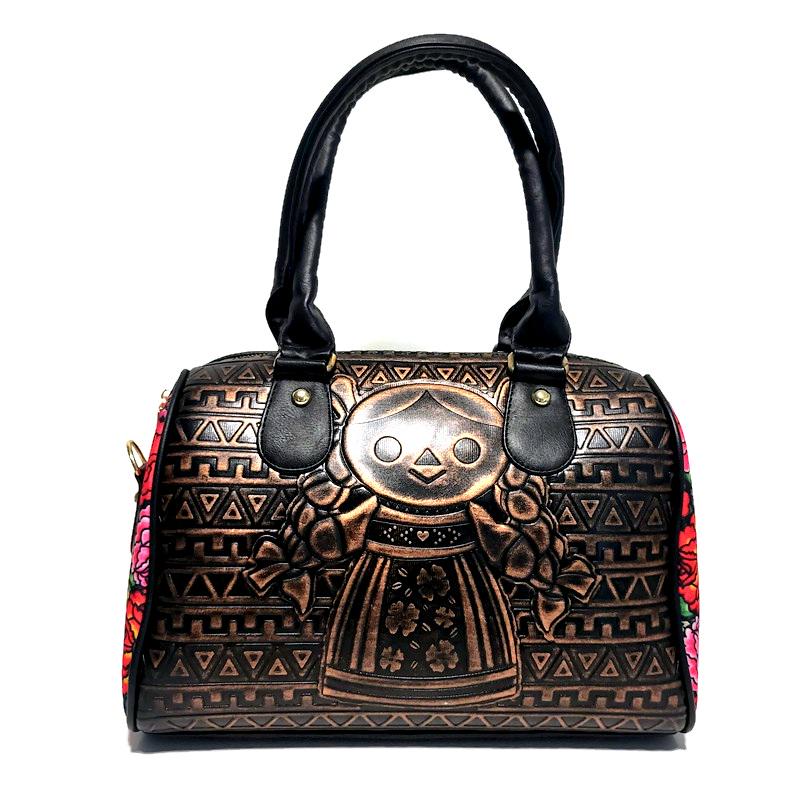 Embossed Floral Shoulder Bag: Black PU Leather Bohemian Handbag