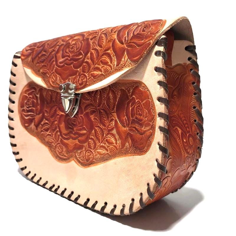 Shoulder Bag for Women, Brown, Floral Embossed, Boho Bohemian, Handcrafted