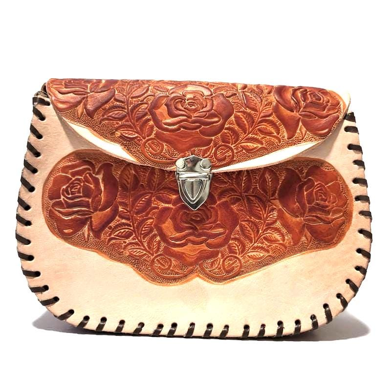 Shoulder Bag for Women, Brown, Floral Embossed, Boho Bohemian, Handcrafted