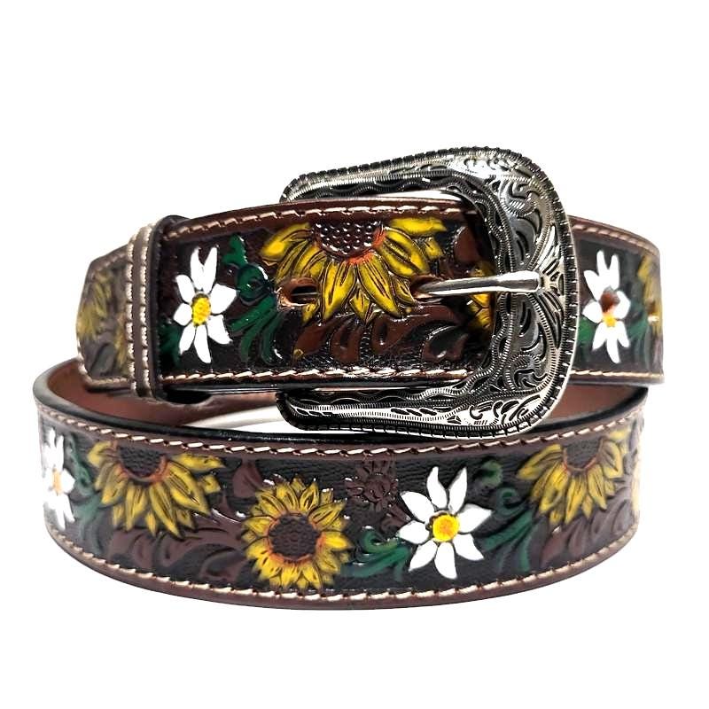 Brown Sunflower Embossed Leather Belt for Women  Western Boho Bohemian Style