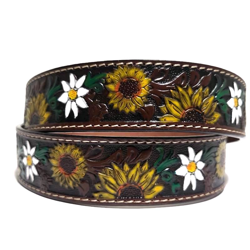 Brown Sunflower Embossed Leather Belt for Women  Western Boho Bohemian Style