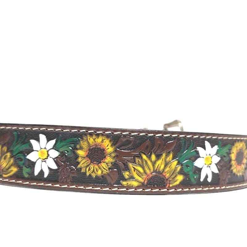 Brown Sunflower Embossed Leather Belt for Women  Western Boho Bohemian Style