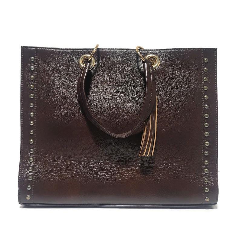 Brown Leather Tote Bag for Women, Boho Shoulder Bag with Removable Liner Bag
