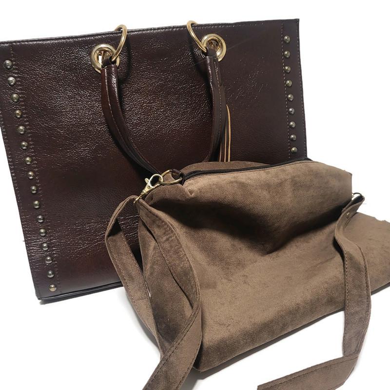 Brown Leather Tote Bag for Women, Boho Shoulder Bag with Removable Liner Bag