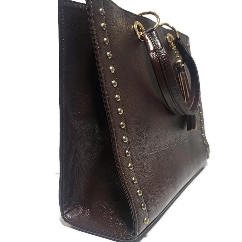 Brown Leather Tote Bag for Women, Boho Shoulder Bag with Removable Liner Bag