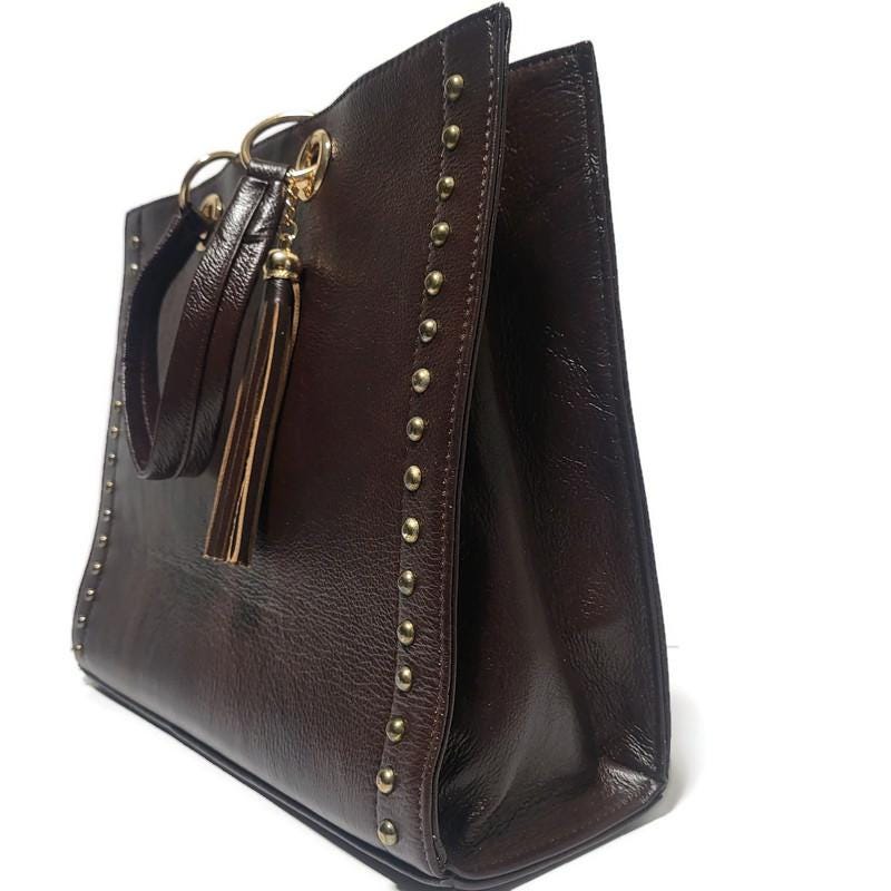Brown Leather Tote Bag for Women, Boho Shoulder Bag with Removable Liner Bag