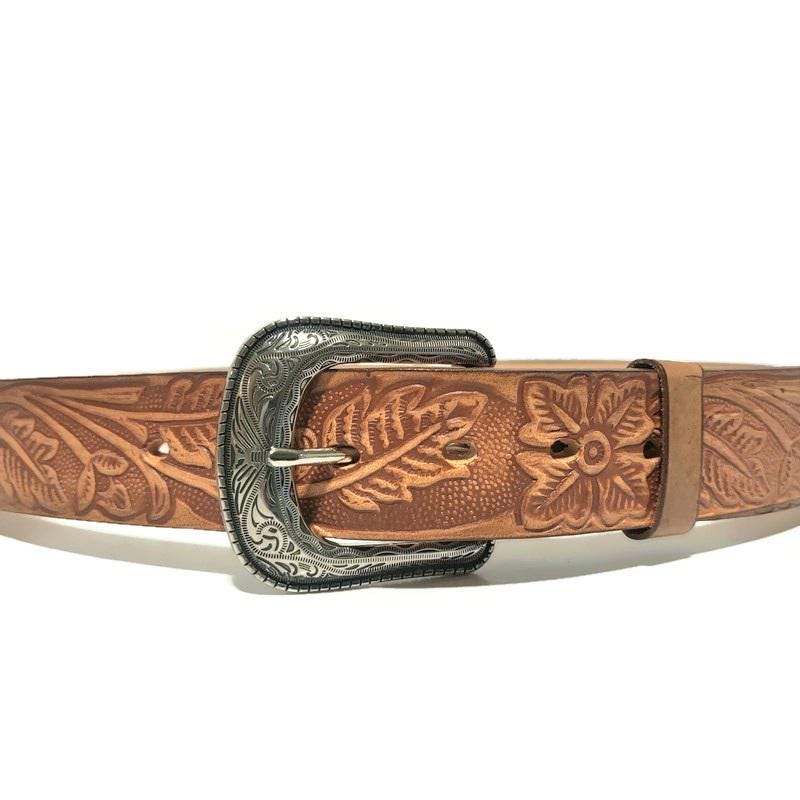 Brown Leather Belt for Women Western Boho Floral Embossed, Personalized