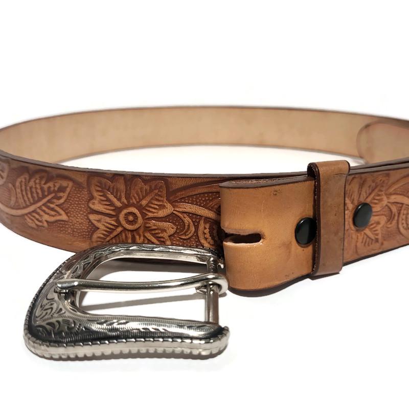 Brown Leather Belt for Women Western Boho Floral Embossed, Personalized