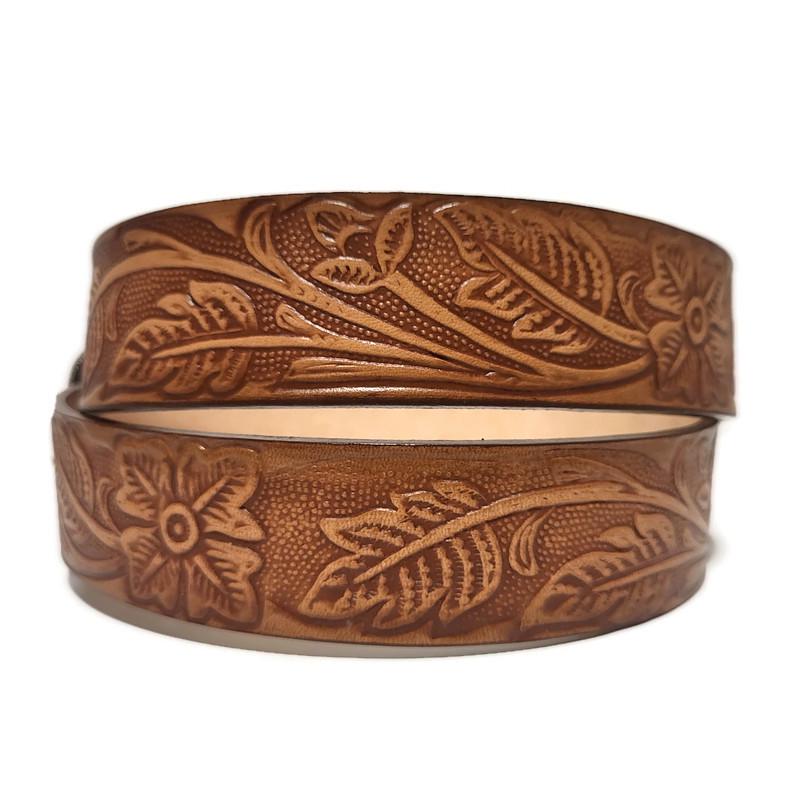 Brown Leather Belt for Women Western Boho Floral Embossed, Personalized