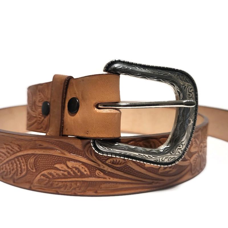 Brown Leather Belt for Women Western Boho Floral Embossed, Personalized