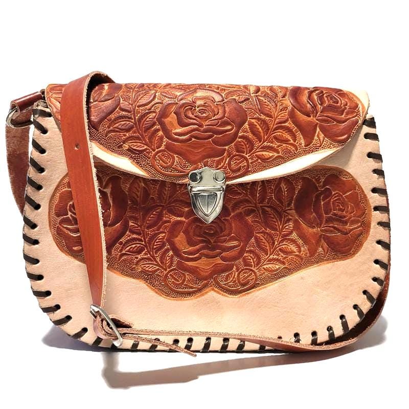 Shoulder Bag for Women, Brown, Floral Embossed, Boho Bohemian, Handcrafted