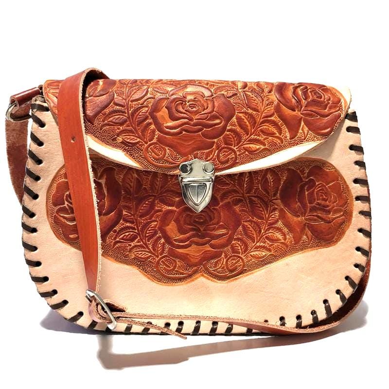 Shoulder Bag for Women, Brown, Floral Embossed, Boho Bohemian, Handcrafted