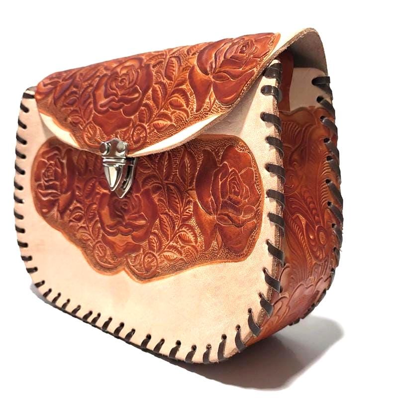 Shoulder Bag for Women, Brown, Floral Embossed, Boho Bohemian, Handcrafted