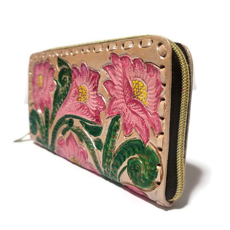 Large Leather Zip Wallet For Women, Rustic Cowhide Boho Bohemian Style,  Hand tooled leather