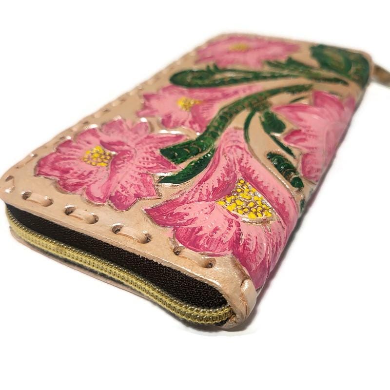 Large Leather Zip Wallet For Women, Rustic Cowhide Boho Bohemian Style,  Hand tooled leather