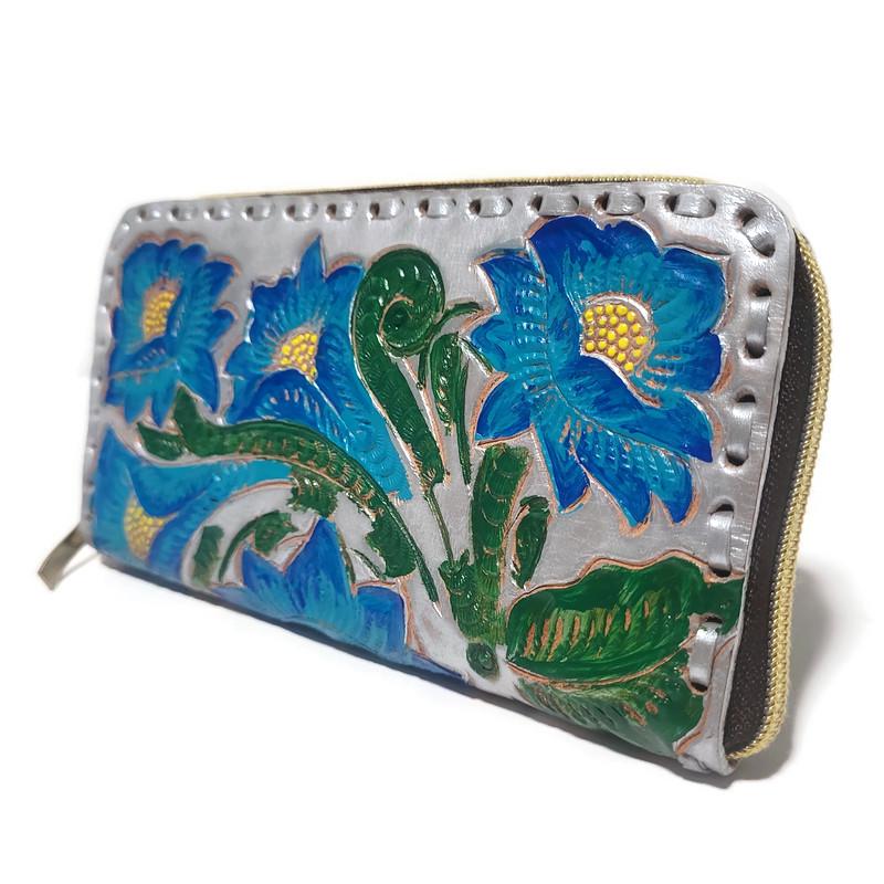 Handmade Tooled Leather Wallet: Western Floral Cowhide Clutch