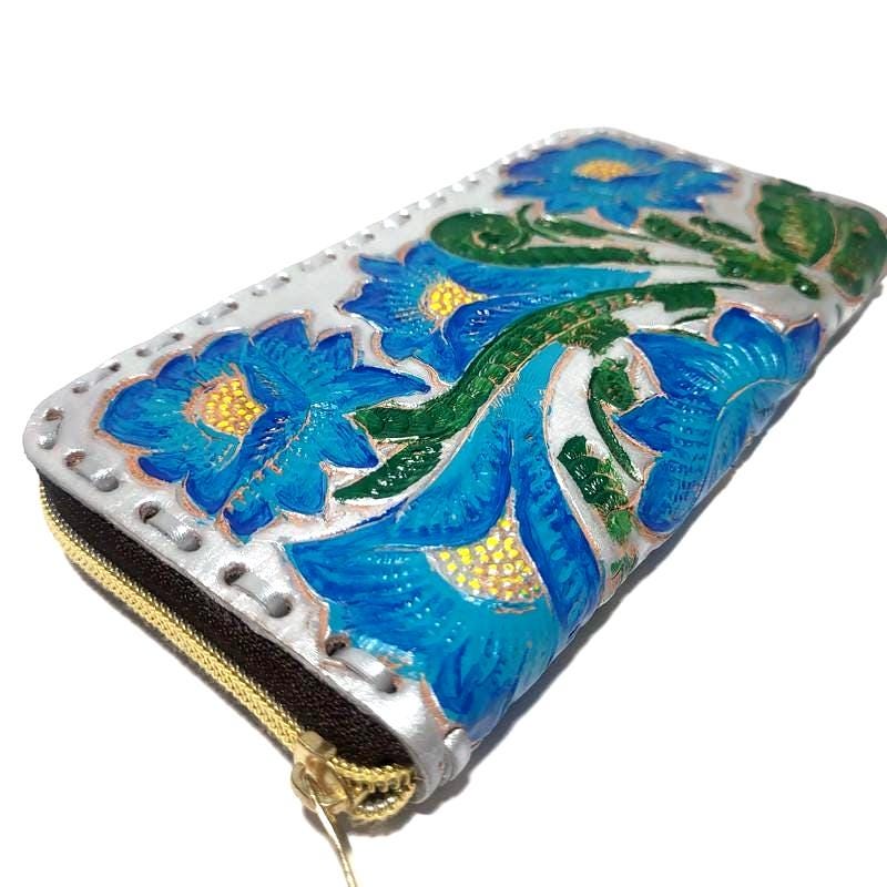 Handmade Tooled Leather Wallet: Western Floral Cowhide Clutch