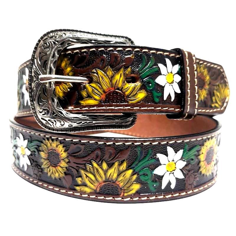 Brown Sunflower Embossed Leather Belt for Women  Western Boho Bohemian Style