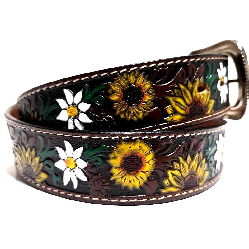 Brown Sunflower Embossed Leather Belt for Women  Western Boho Bohemian Style