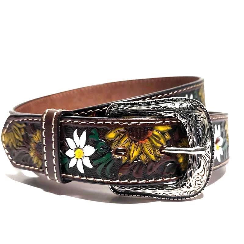 Brown Sunflower Embossed Leather Belt for Women  Western Boho Bohemian Style