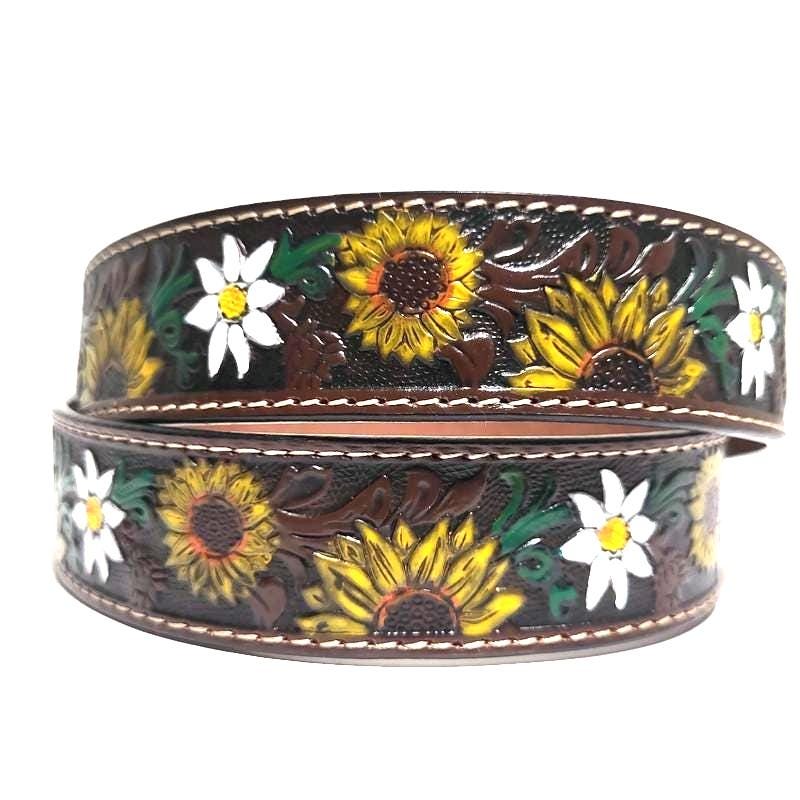 Brown Sunflower Embossed Leather Belt for Women  Western Boho Bohemian Style