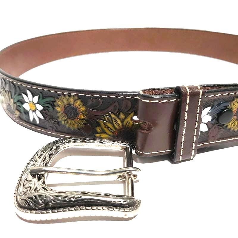 Brown Sunflower Embossed Leather Belt for Women  Western Boho Bohemian Style