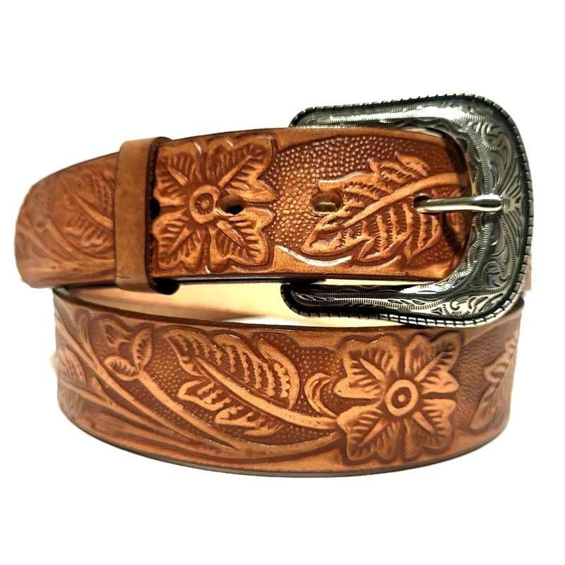 Brown Leather Belt for Women Western Boho Floral Embossed, Removable Buckle