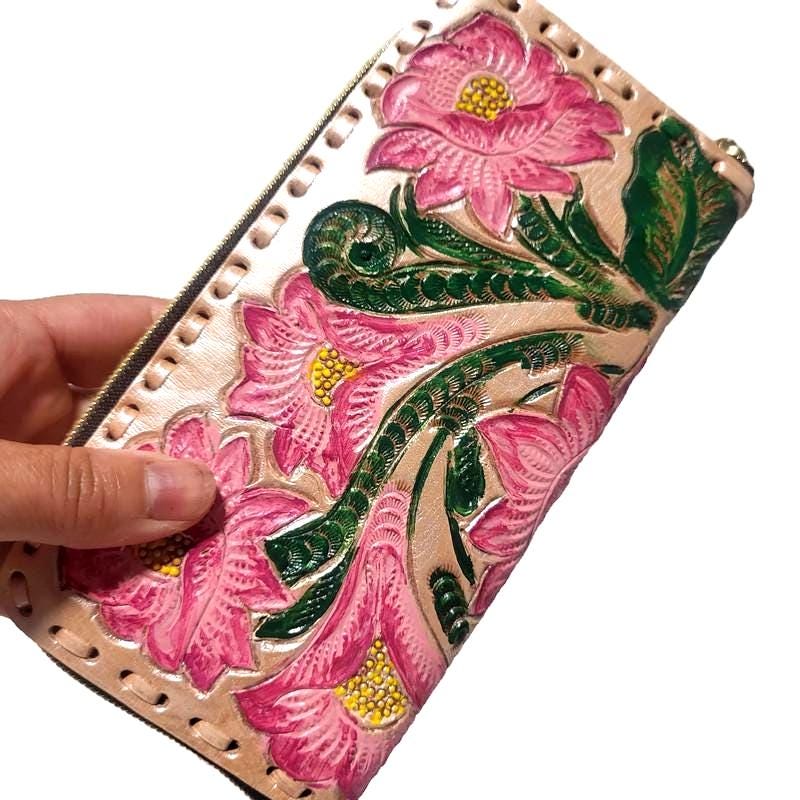 Large Leather Zip Wallet For Women, Rustic Cowhide Boho Bohemian Style,  Hand tooled leather
