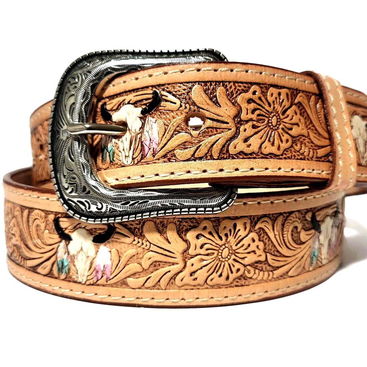 Embossed Brown Leather Belt for Women Handmade Cowgirl Rodeo Style, Personalized