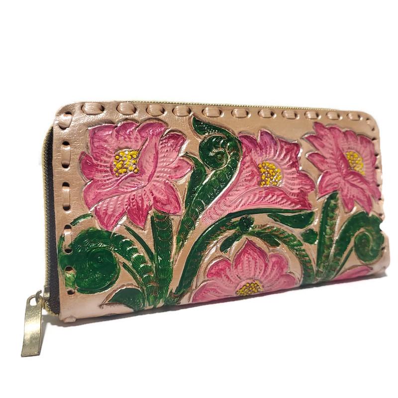 Large Leather Zip Wallet For Women, Rustic Cowhide Boho Bohemian Style,  Hand tooled leather