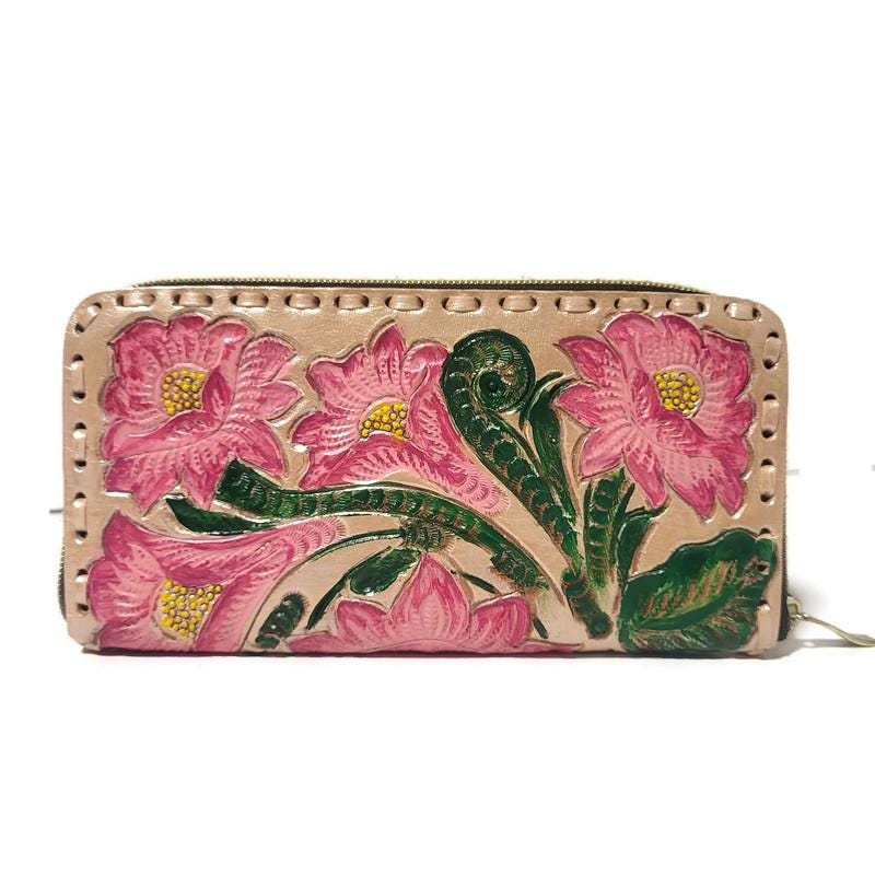 Large Leather Zip Wallet For Women, Rustic Cowhide Boho Bohemian Style,  Hand tooled leather