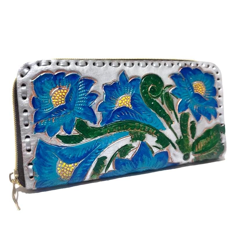 Handmade Tooled Leather Wallet: Western Floral Cowhide Clutch