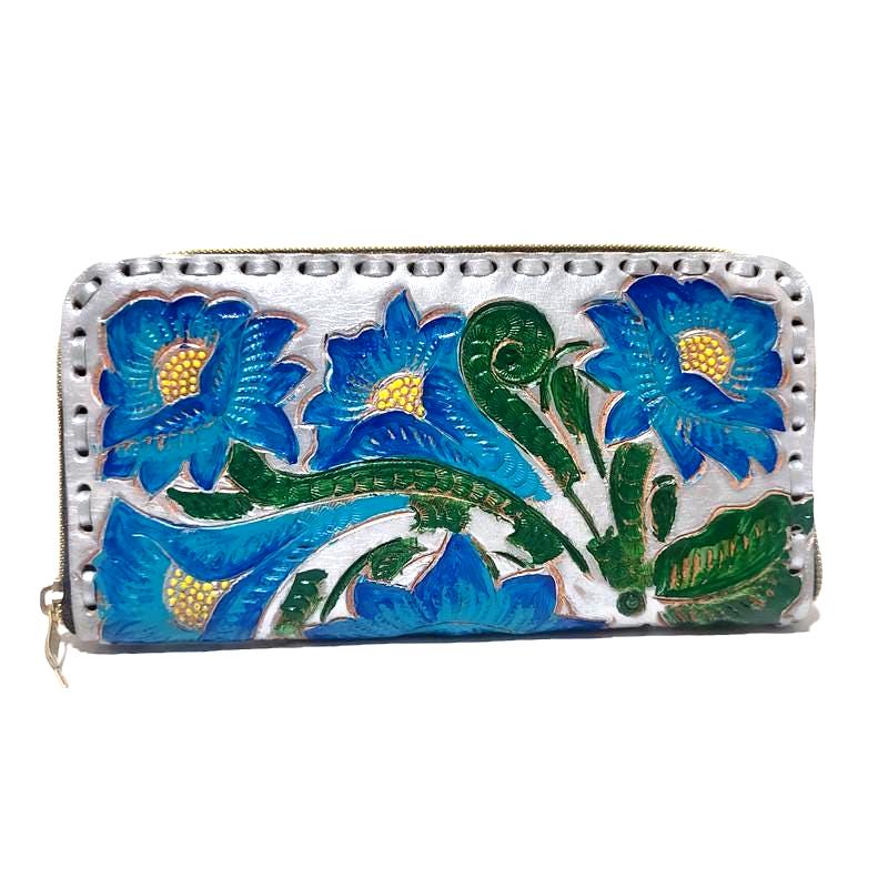 Handmade Tooled Leather Wallet: Western Floral Cowhide Clutch
