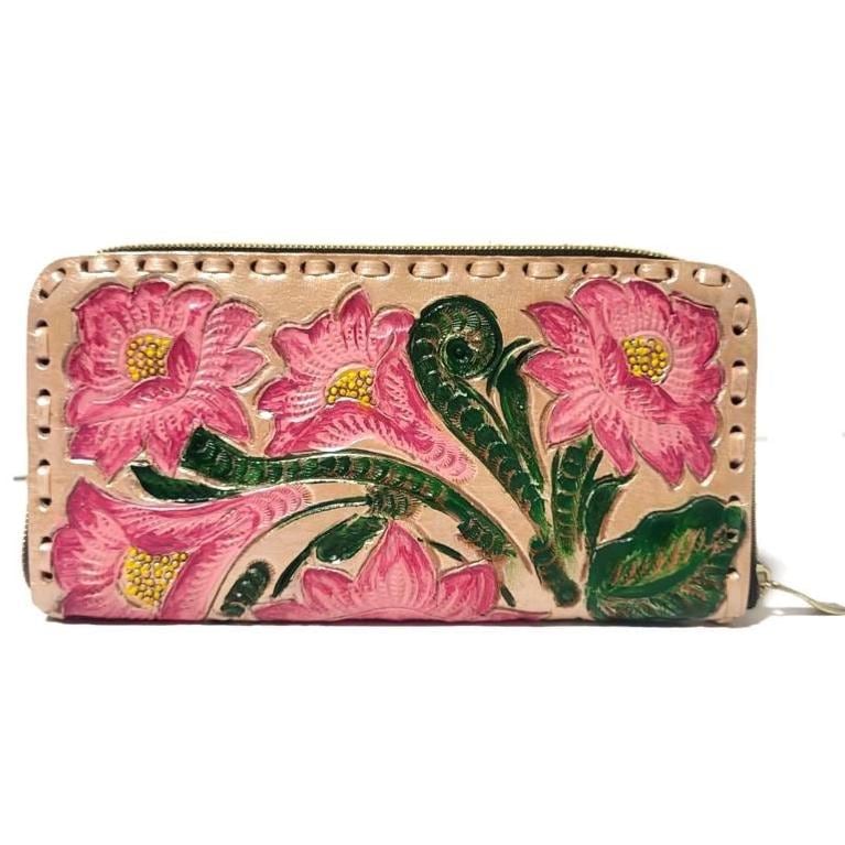 Large Leather Zip Wallet For Women, Rustic Cowhide Boho Bohemian Style,  Hand tooled leather
