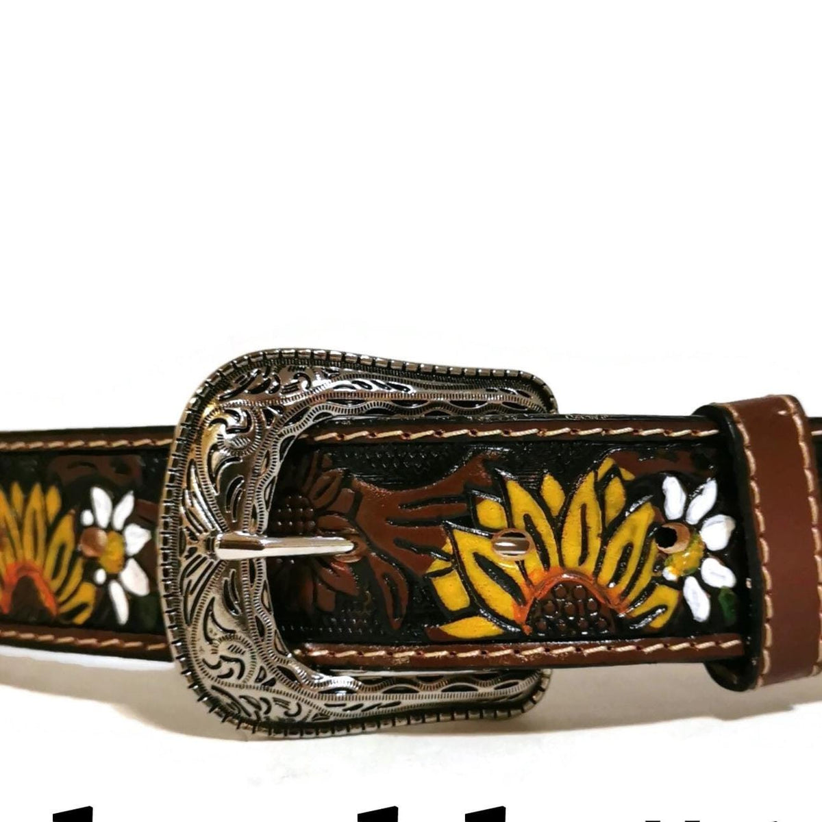 Boho Sunflower Embossed Leather Belt: Removable Buckle, Western Style, Personalized