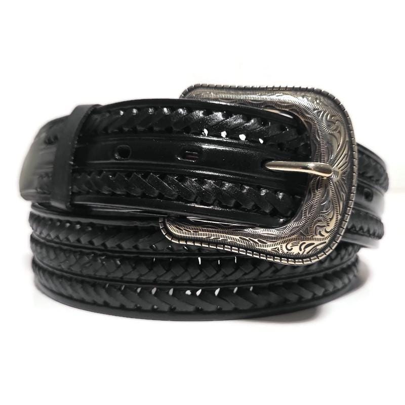 Braided Black Leather Belt for Men  Cowhide  Rodeo Western Style