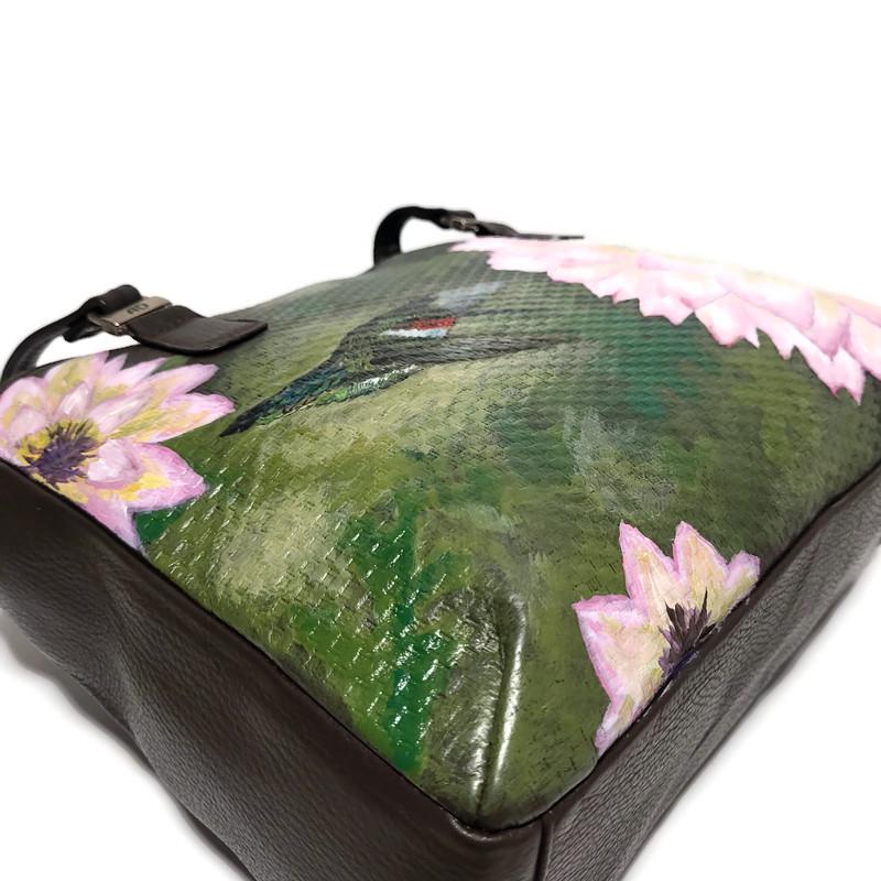 Hand-Painted Leather Shoulder Bag: Hummingbird Floral Design