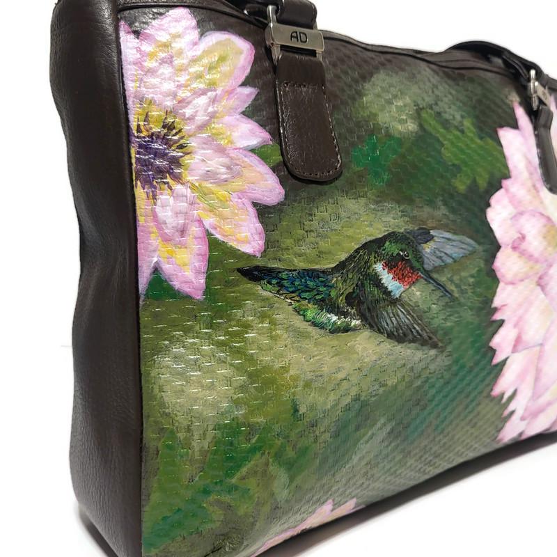 Hand-Painted Leather Shoulder Bag: Hummingbird Floral Design
